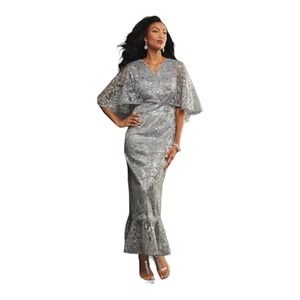 Midnight Velvet Sequin Floral Formal Gray Evening Gown Black Tie Maxi Maxi Dress
